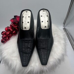Ginger Gotti Black Leather Woven Square Toe Slip On Heels Mules Women's Size 7M